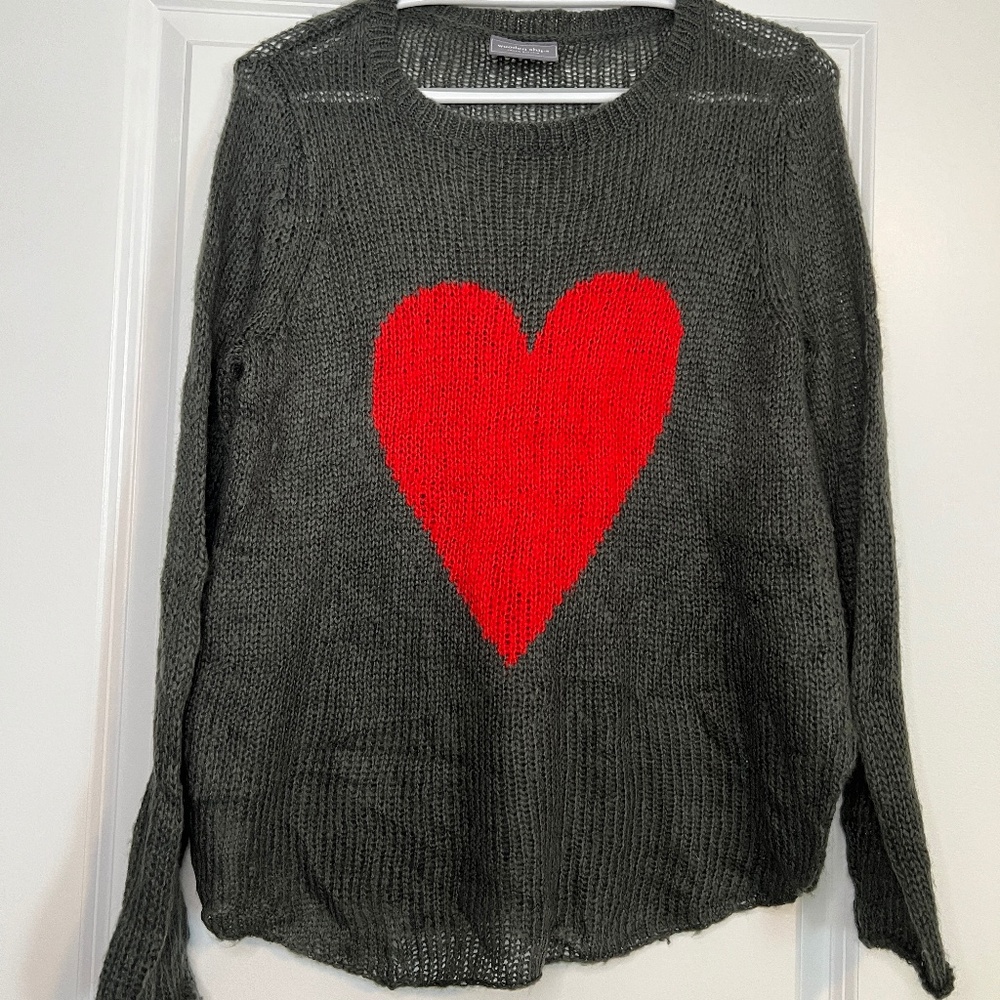 Wooden Ships Loose Knit Lightweight Crew Neck Heart Sweater
